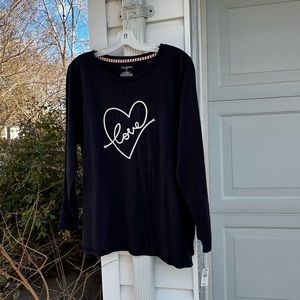NWT Talbots Fun Navy Cream Valentines Embroidered Cord Love Heart Top